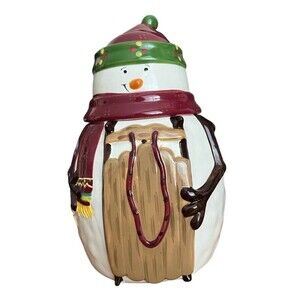 Ceramic Cookie Jar Snowman Sled Christmas Holiday Winter Hand Painted for Nonni